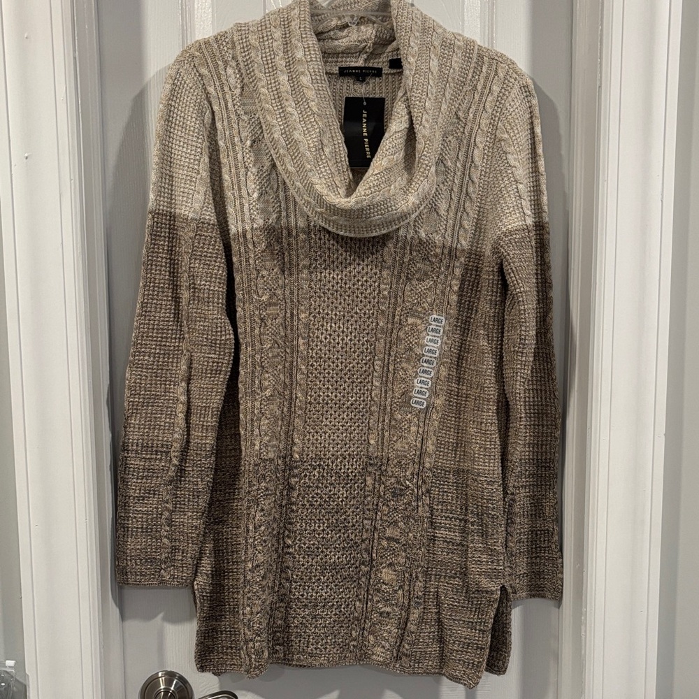 JEANNE PIERRE Cable Knit Cowl Neck Sweater - Brown and Cream